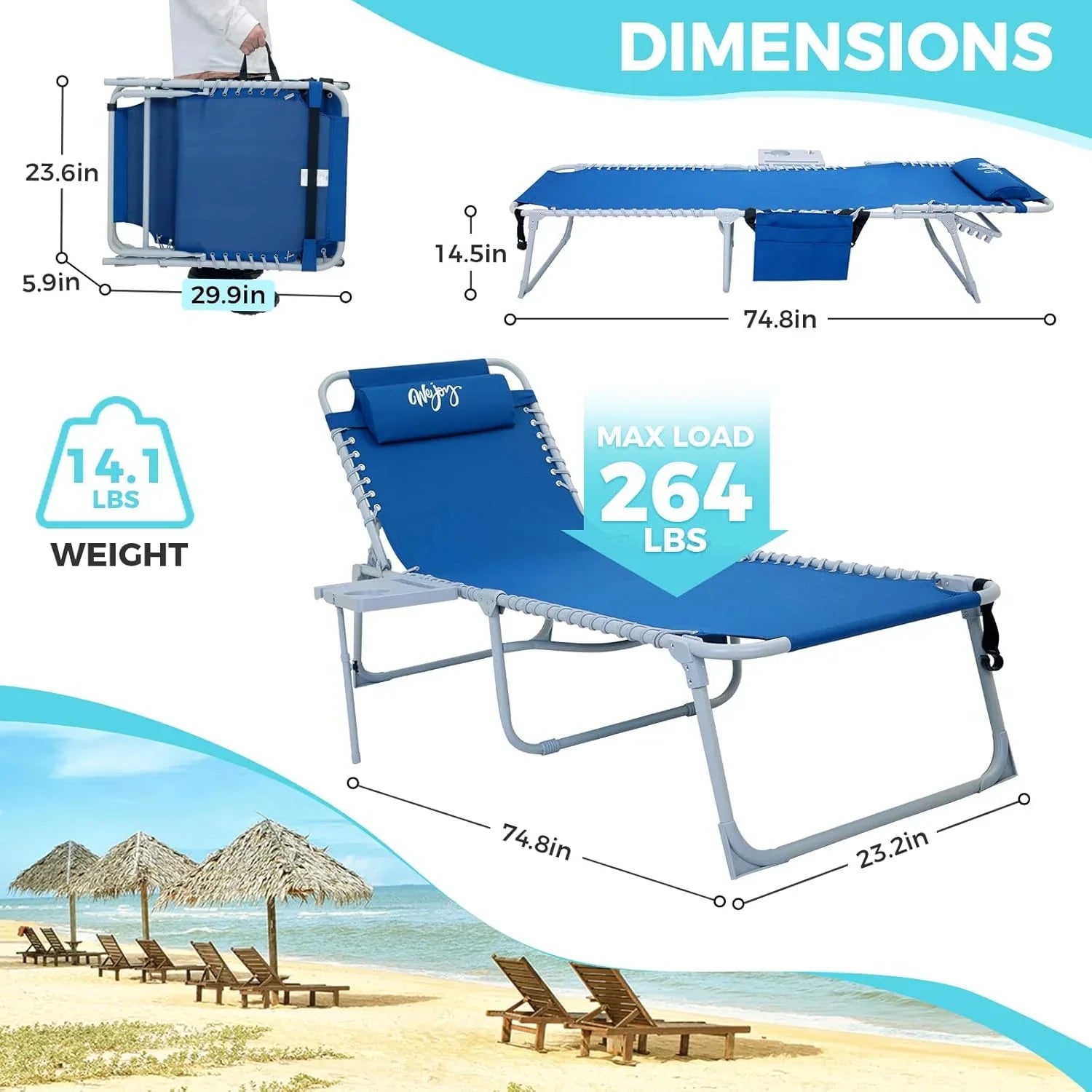 Lot de 2 chaises longues d'extérieur - Chaise longue pliante portable pour patio, piscine, camping, inclinable et réglable sur 5 positions