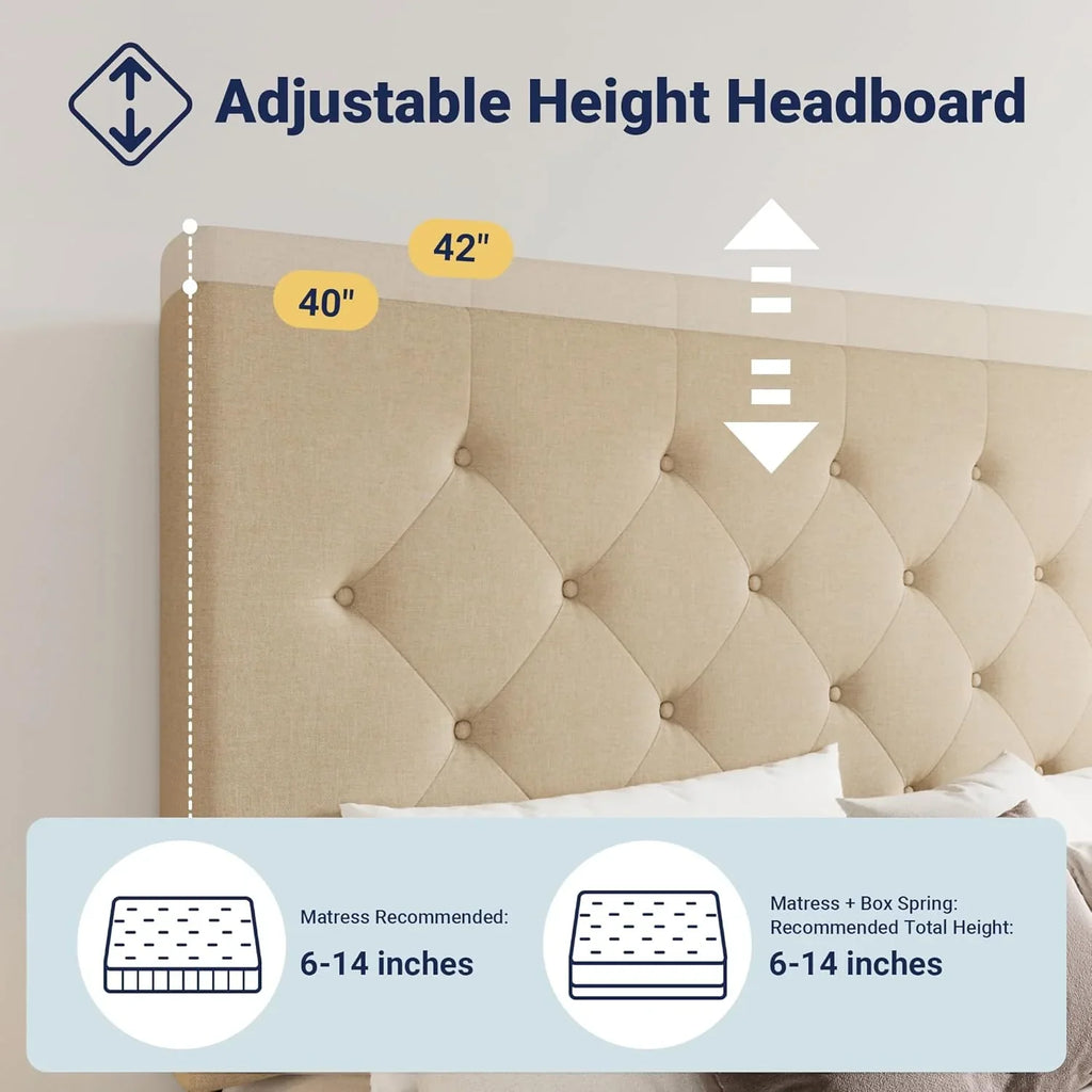 Cadre de lit plateforme Allewie rembourré Queen Size avec 4 tiroirs de rangement et tête de lit, capitonné à boutons à coutures carrées, sommier à lattes en bois, pas besoin de sommier.