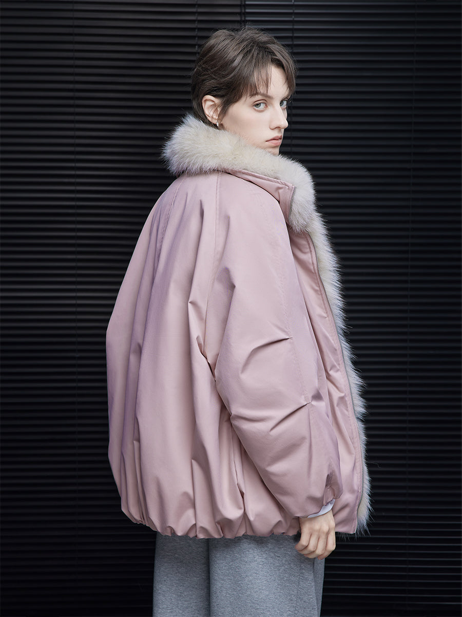 Loose Fit Pink Down Parka for Women Fall Winter Warm Fur Collar Jacket
