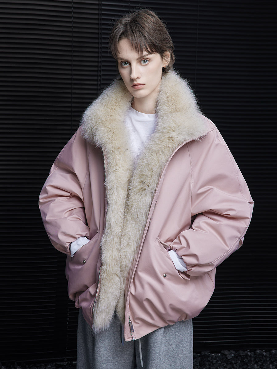 Loose Fit Pink Down Parka for Women Fall Winter Warm Fur Collar Jacket