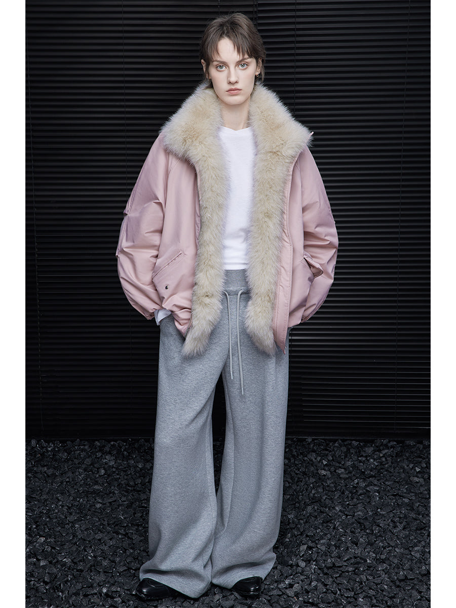 Loose Fit Pink Down Parka for Women Fall Winter Warm Fur Collar Jacket
