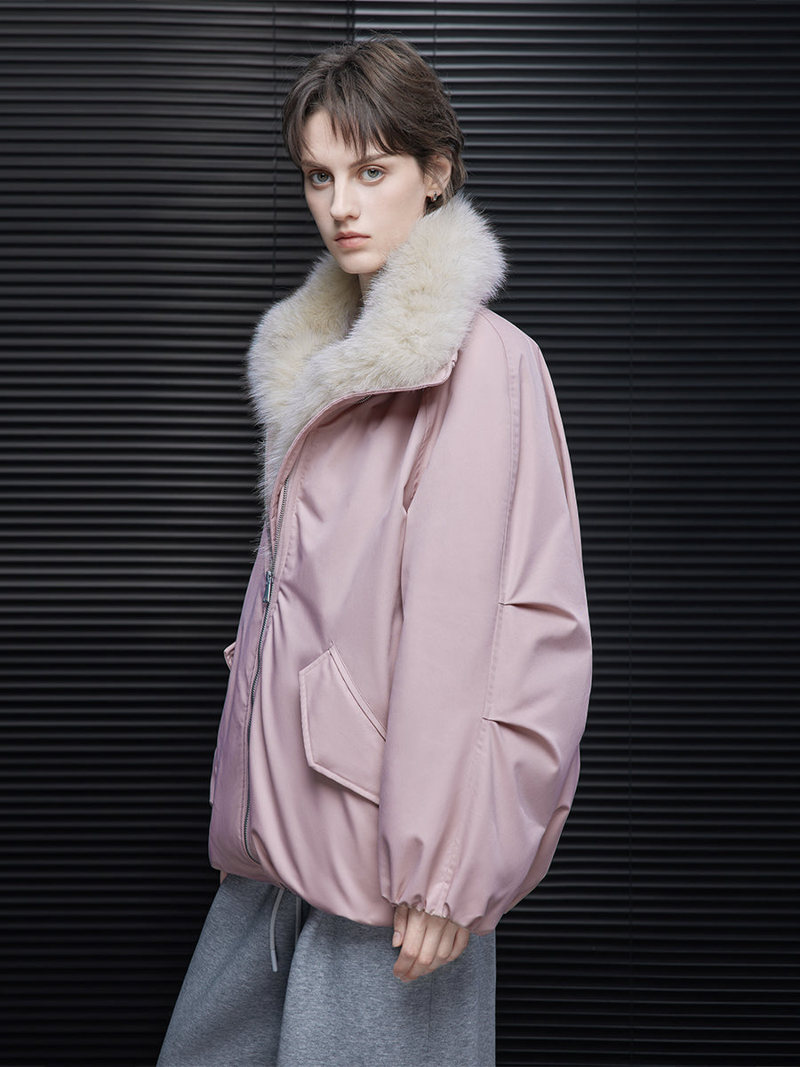 Loose Fit Pink Down Parka for Women Fall Winter Warm Fur Collar Jacket