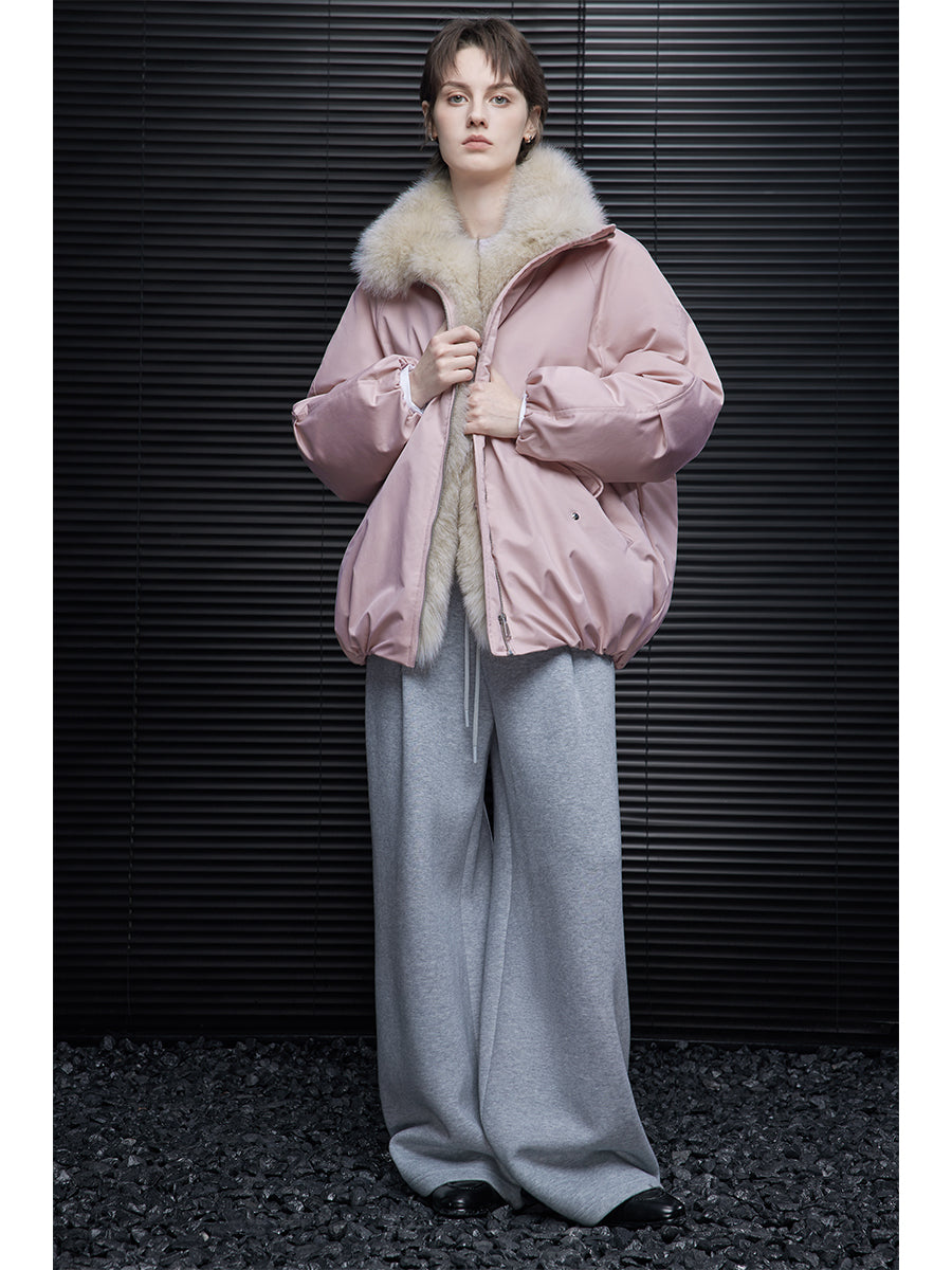 Loose Fit Pink Down Parka for Women Fall Winter Warm Fur Collar Jacket