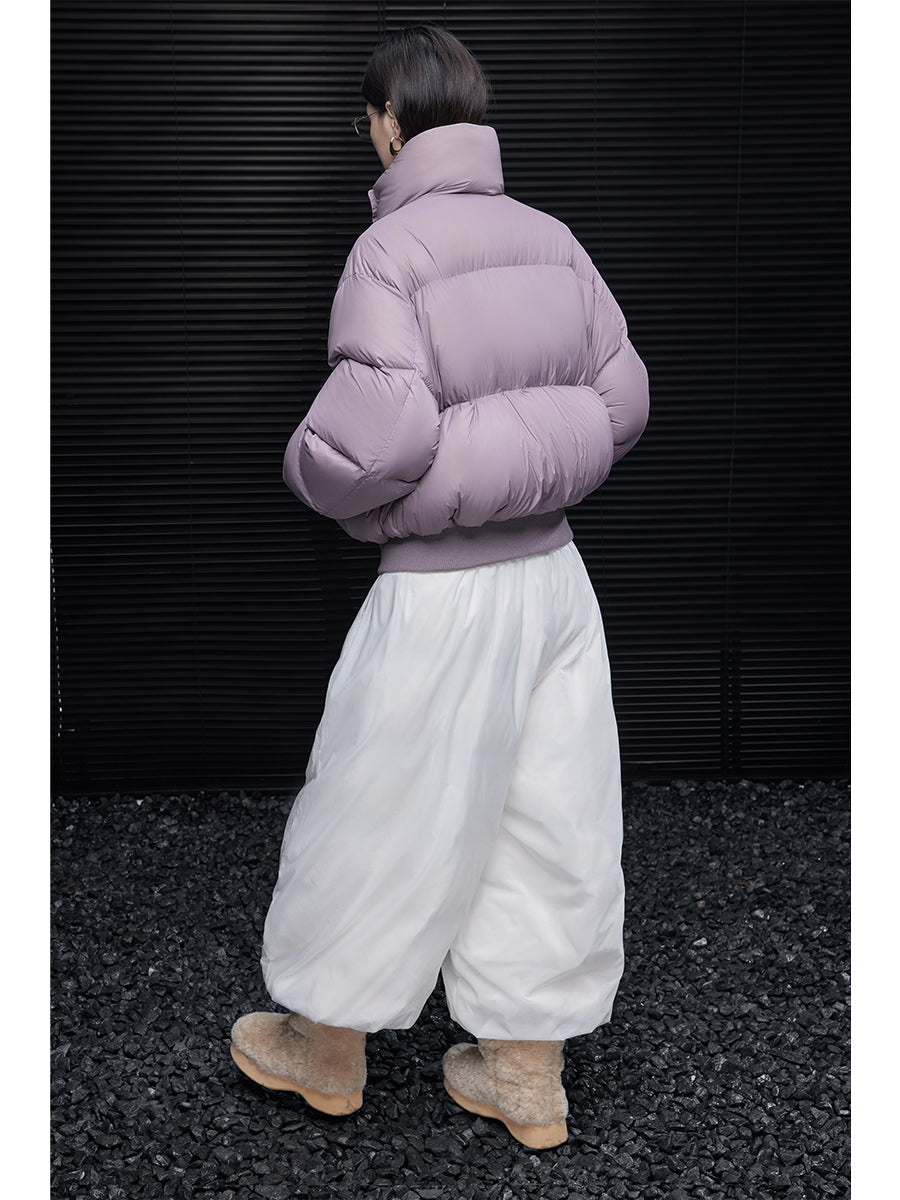 Short Purple Down Jacket for Women Winter Stand Collar Warm Unique Coat