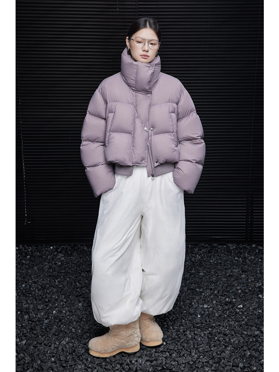 Short Purple Down Jacket for Women Winter Stand Collar Warm Unique Coat