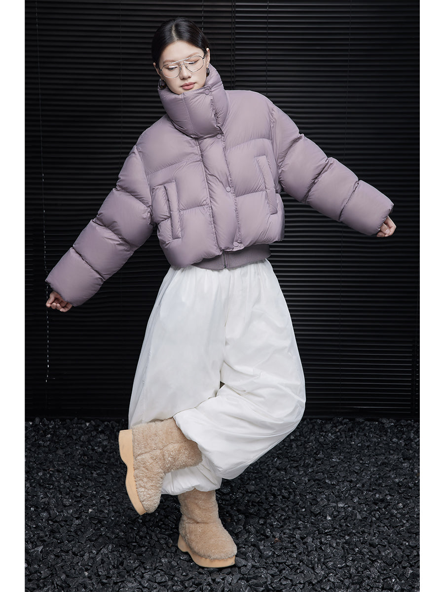 Short Purple Down Jacket for Women Winter Stand Collar Warm Unique Coat