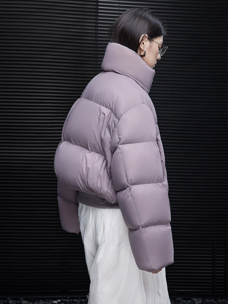 Short Purple Down Jacket for Women Winter Stand Collar Warm Unique Coat