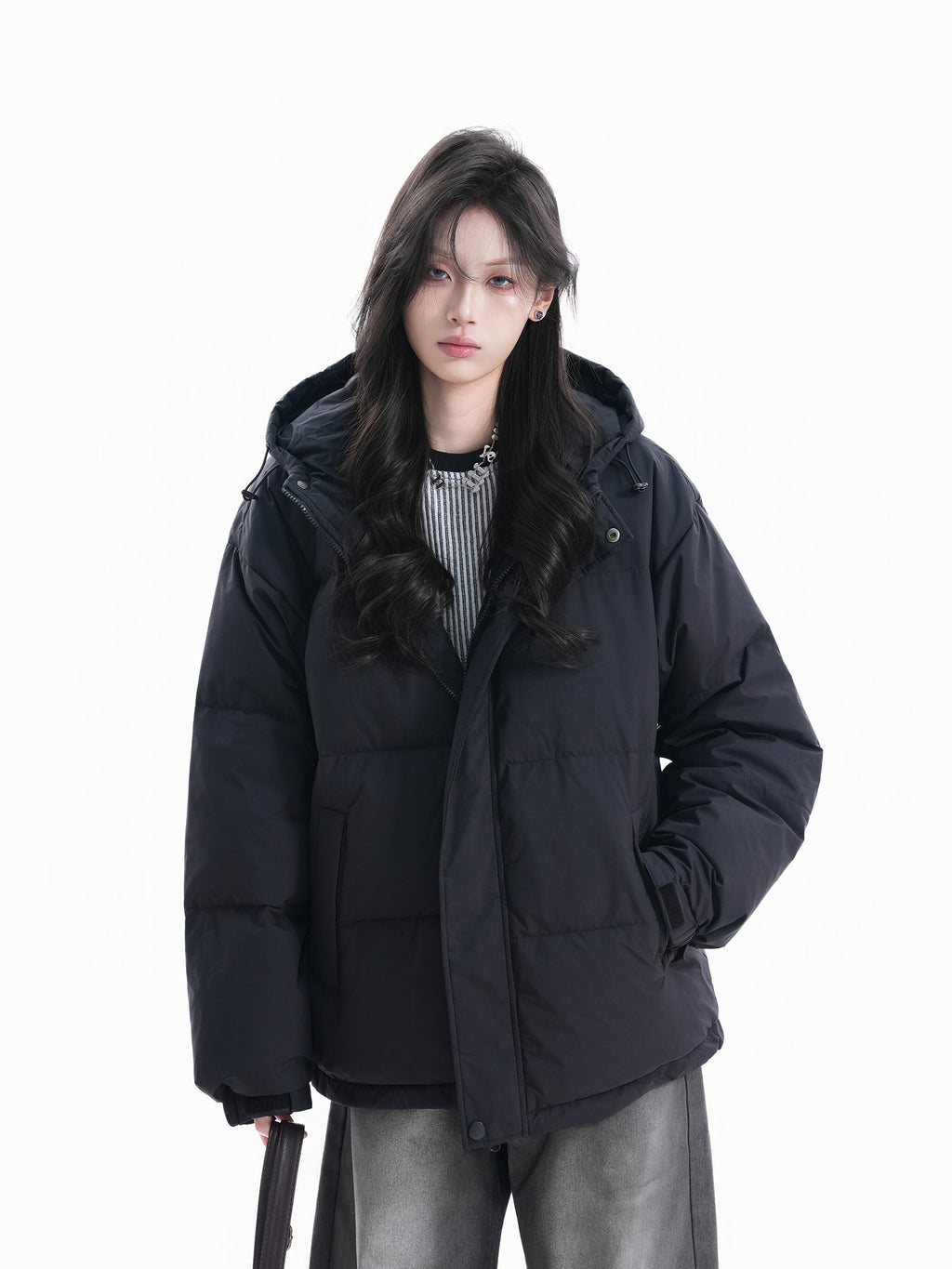 Winter Black Down Coat for Women Hooded Loose Fit Warm White Duck Jacket