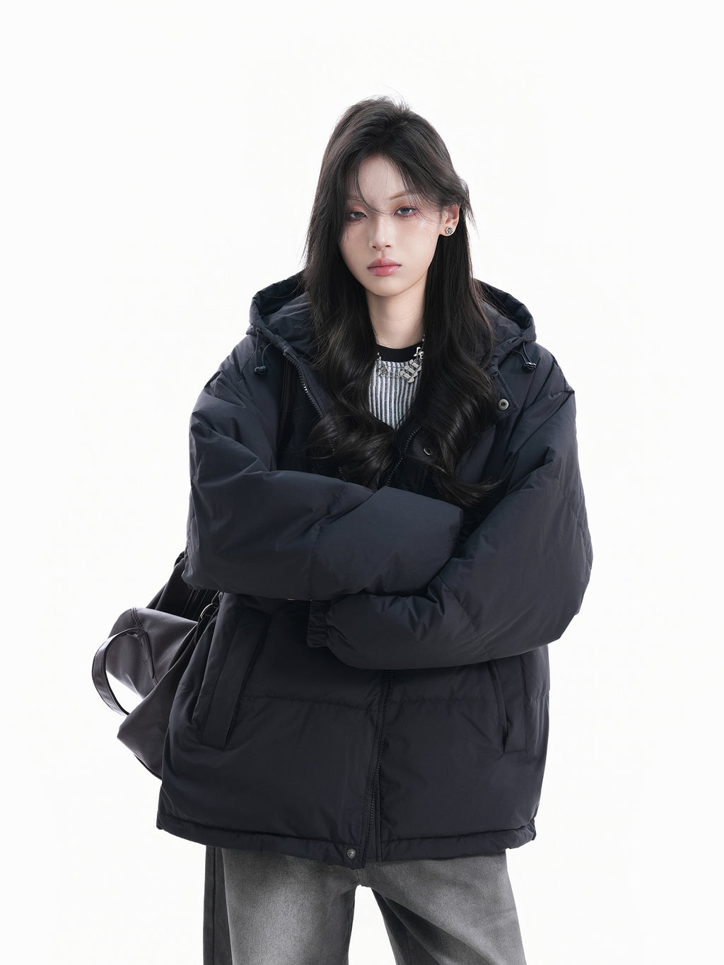 Winter Black Down Coat for Women Hooded Loose Fit Warm White Duck Jacket