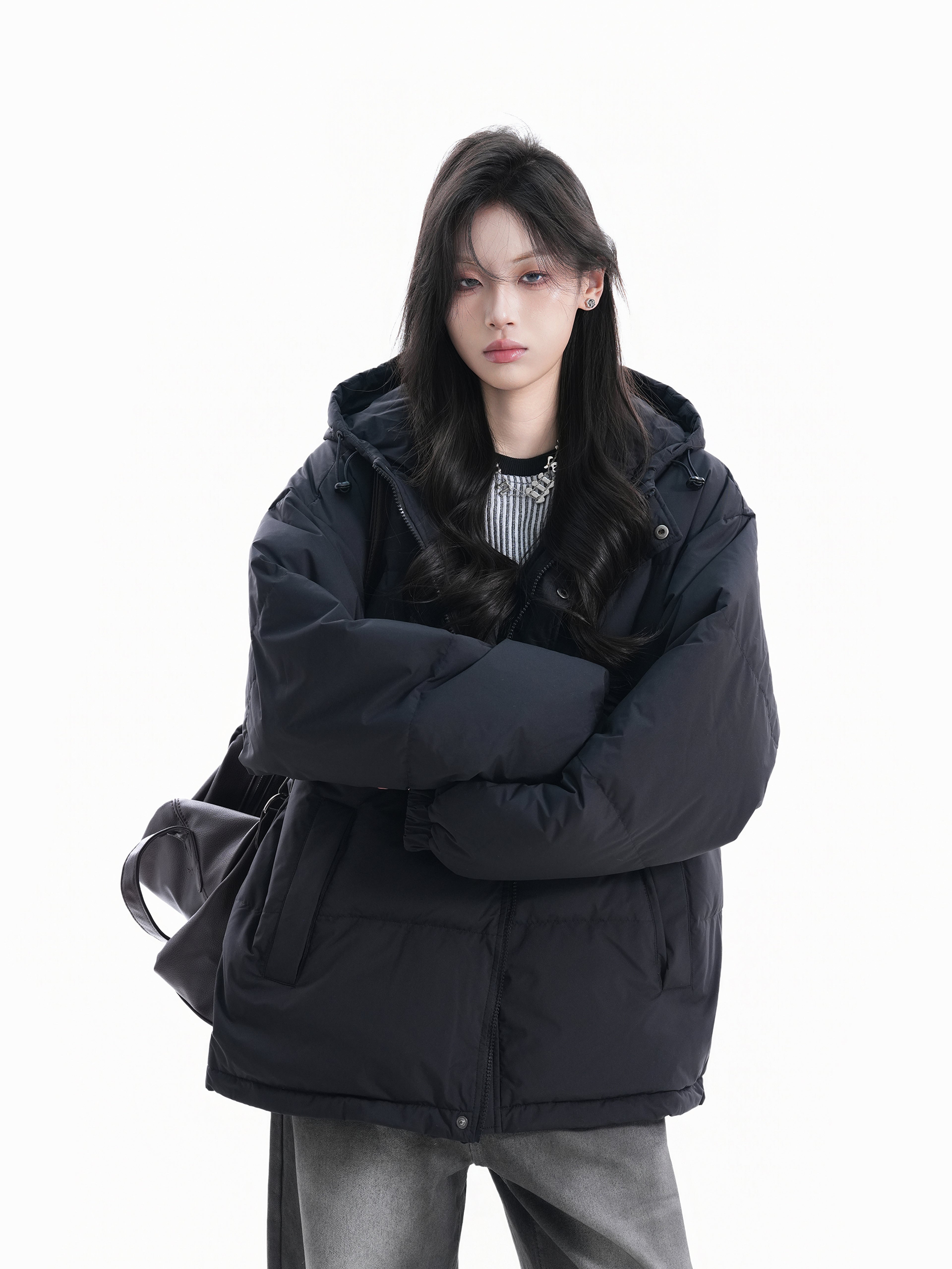 Winter Black Down Coat for Women Hooded Loose Fit Warm White Duck Jacket