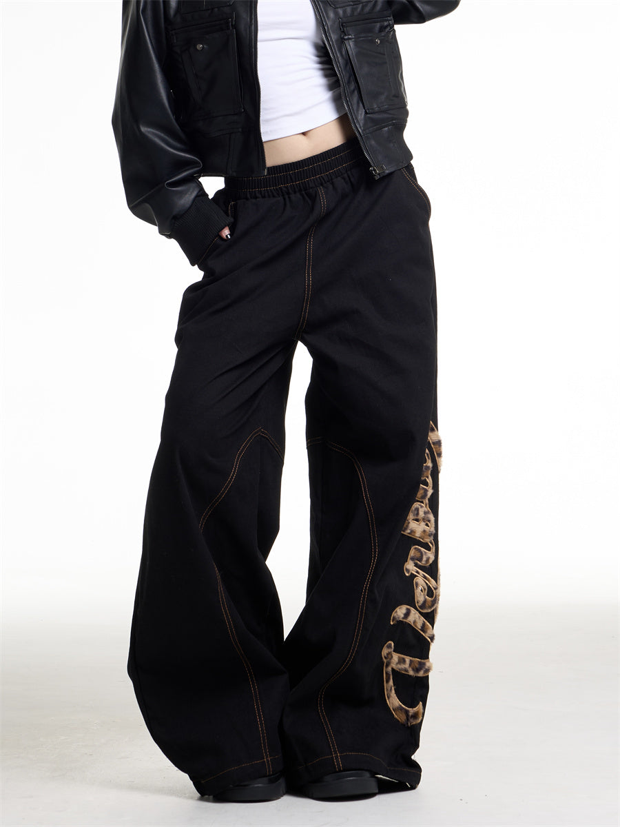 Leopard Patchwork Wide Leg Jeans for Women Vintage Loose Fit Denim Pants