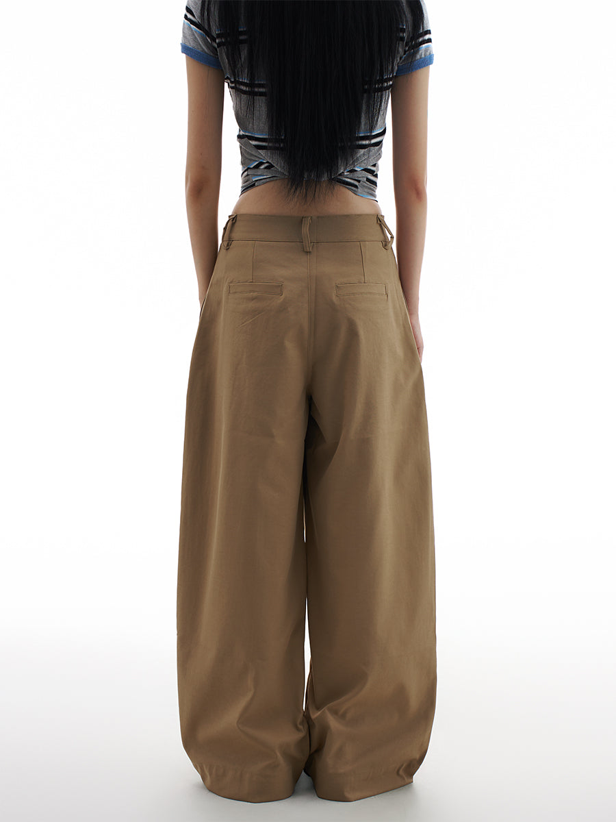 Khaki Wide Leg Trousers for Women Vintage High Waist Pleated Loose Fit Pants