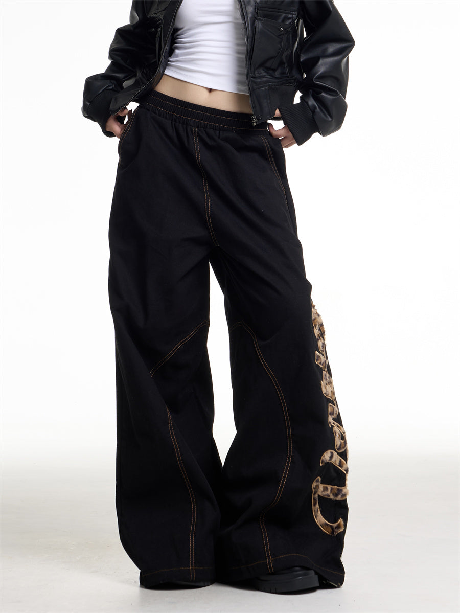 Leopard Patchwork Wide Leg Jeans for Women Vintage Loose Fit Denim Pants