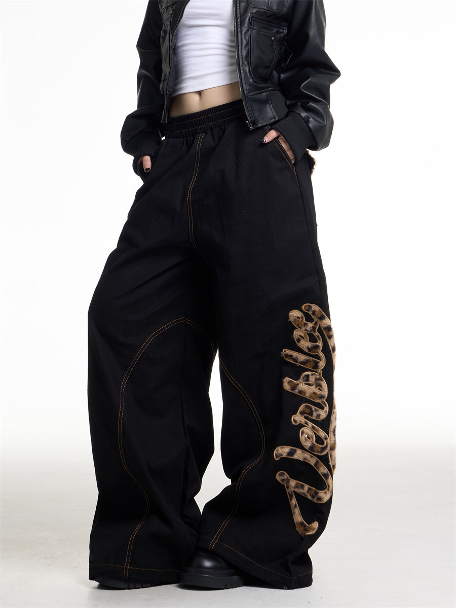 Leopard Patchwork Wide Leg Jeans for Women Vintage Loose Fit Denim Pants