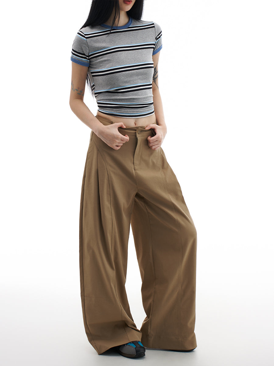 Khaki Wide Leg Trousers for Women Vintage High Waist Pleated Loose Fit Pants