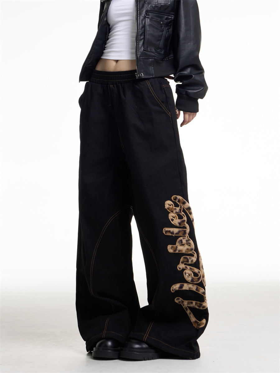 Leopard Patchwork Wide Leg Jeans for Women Vintage Loose Fit Denim Pants
