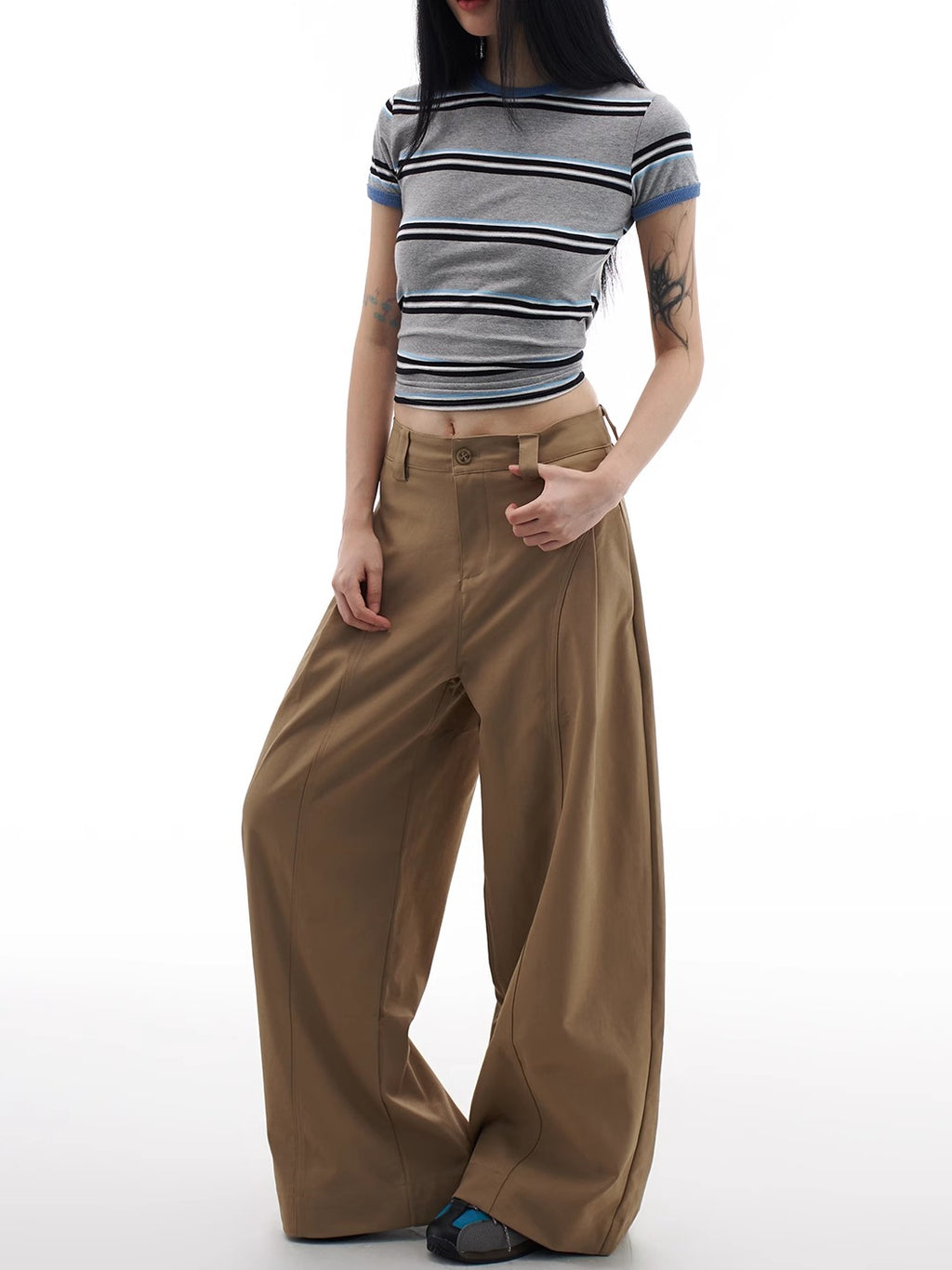 Khaki Wide Leg Trousers for Women Vintage High Waist Pleated Loose Fit Pants