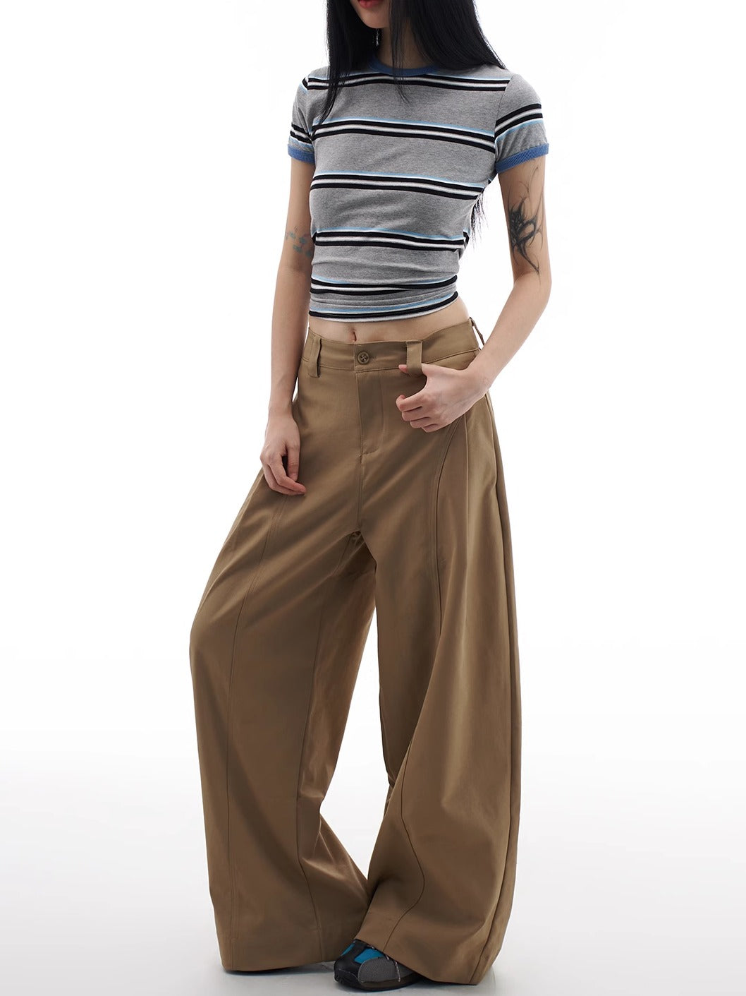 Khaki Wide Leg Trousers for Women Vintage High Waist Pleated Loose Fit Pants