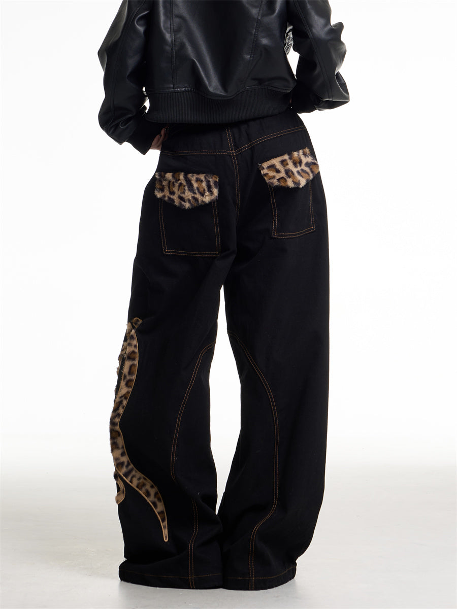Leopard Patchwork Wide Leg Jeans for Women Vintage Loose Fit Denim Pants