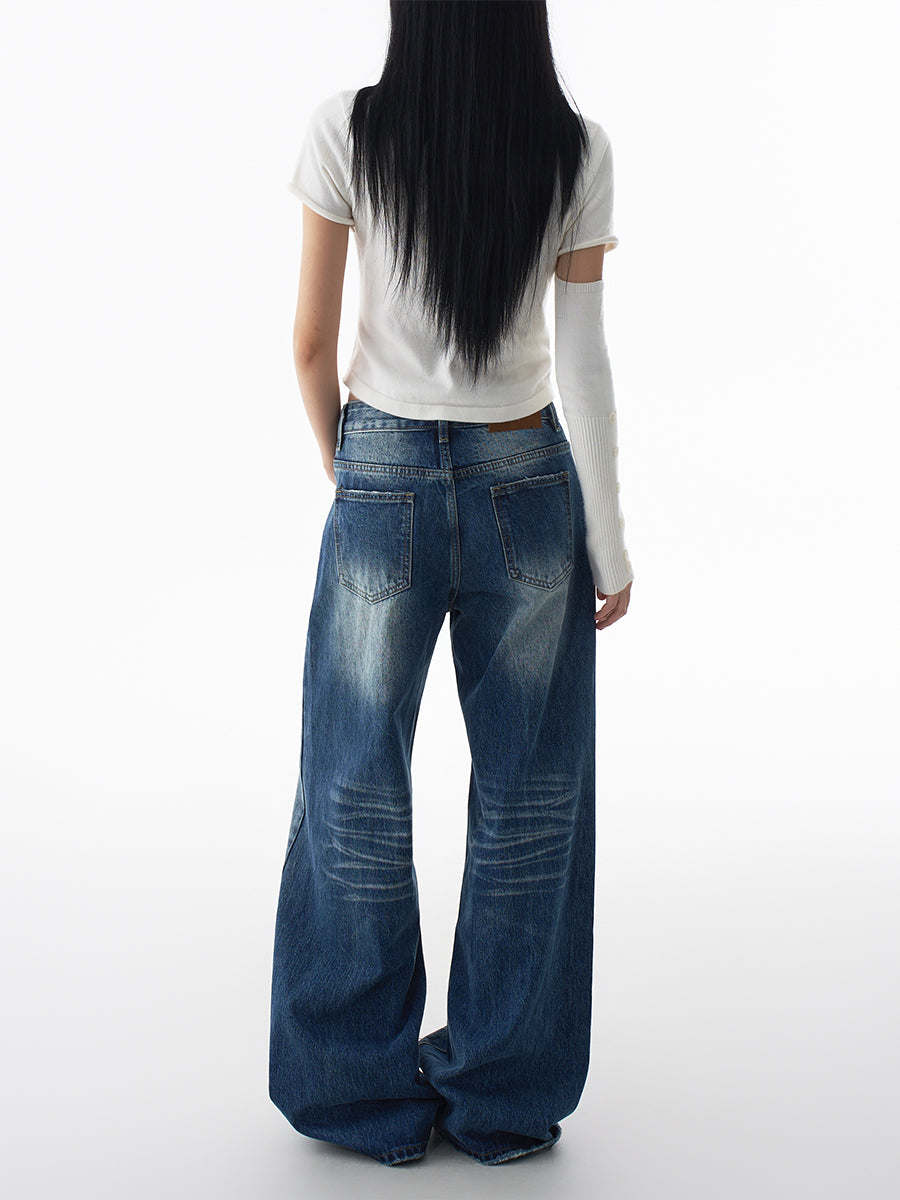 High Street Wide Leg Jeans for Women Fall Winter Loose Pleated Denim Pants
