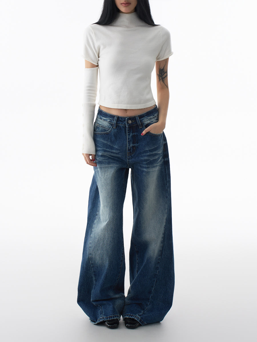 High Street Wide Leg Jeans for Women Fall Winter Loose Pleated Denim Pants
