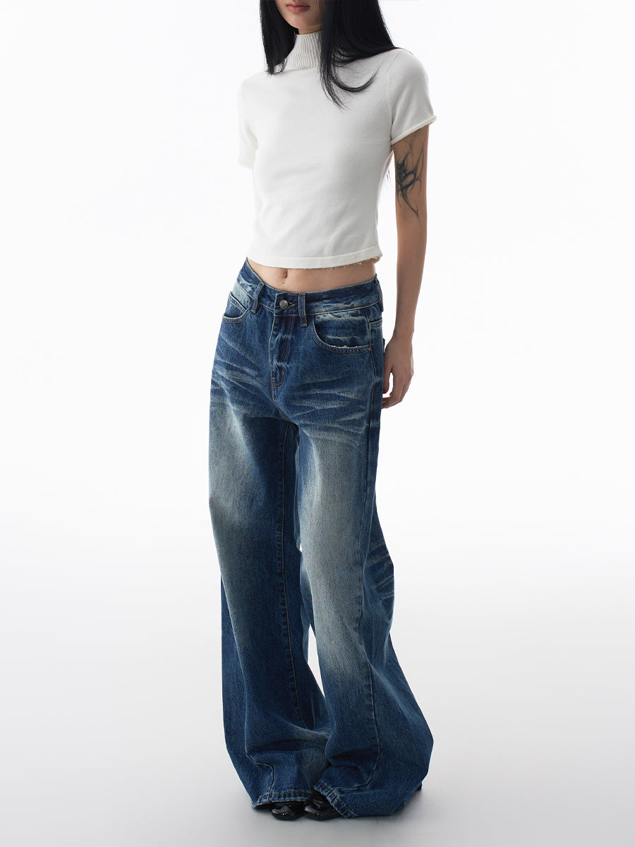 High Street Wide Leg Jeans for Women Fall Winter Loose Pleated Denim Pants