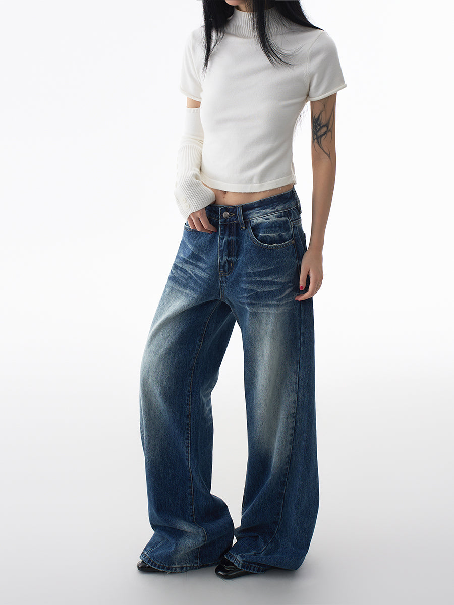 High Street Wide Leg Jeans for Women Fall Winter Loose Pleated Denim Pants