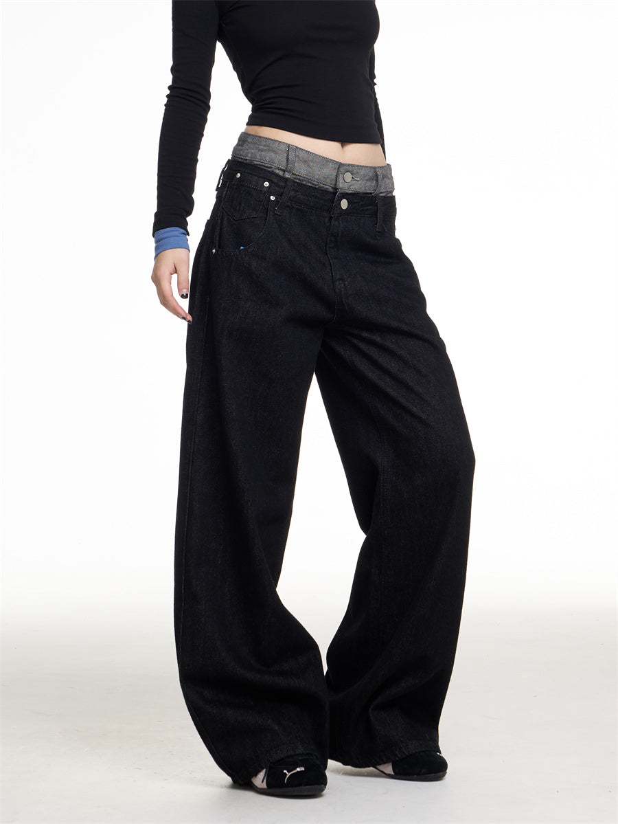 Retro Double Waist Denim Trousers Women Loose Streetwear Wide Leg Design