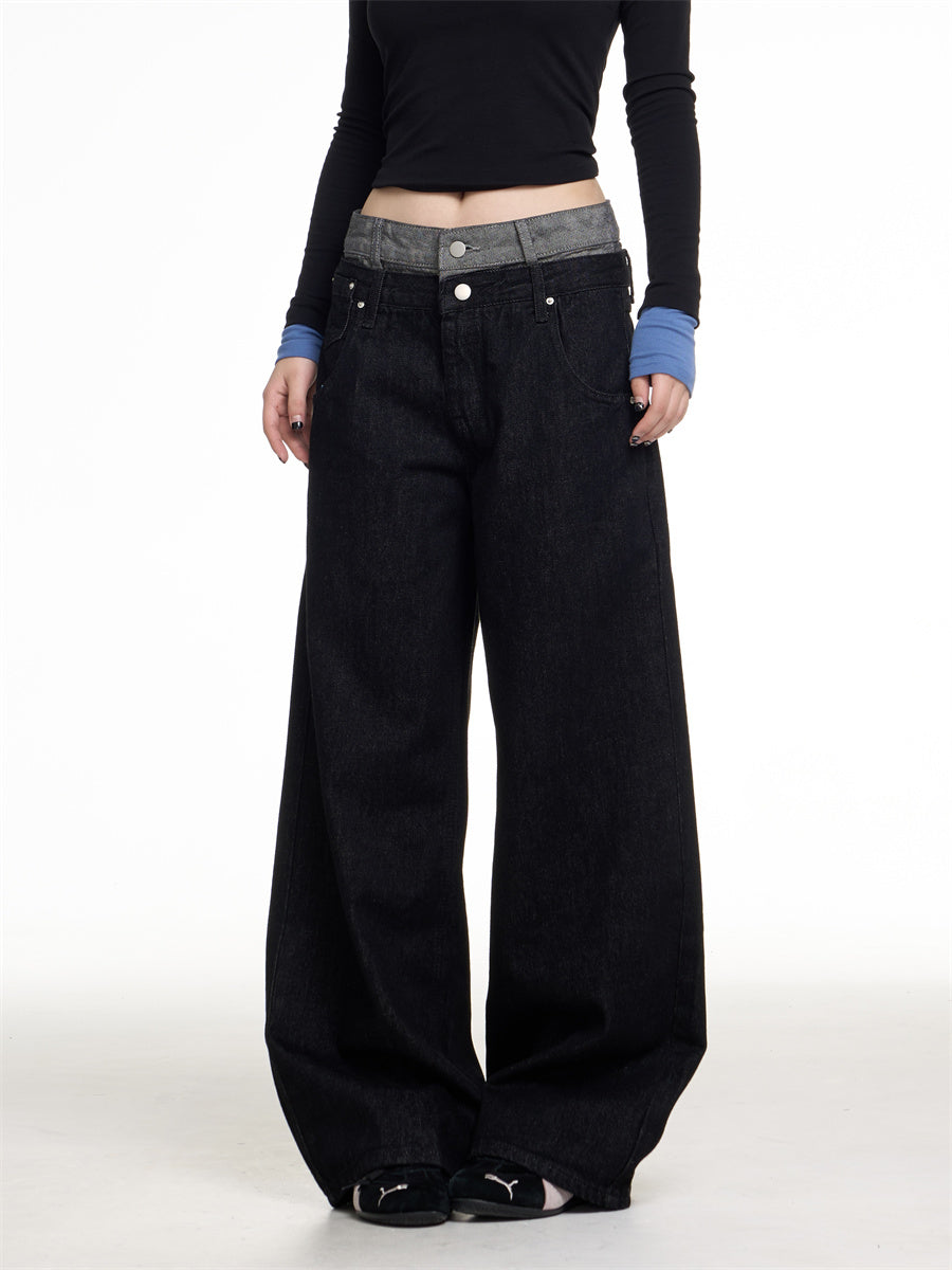Retro Double Waist Denim Trousers Women Loose Streetwear Wide Leg Design