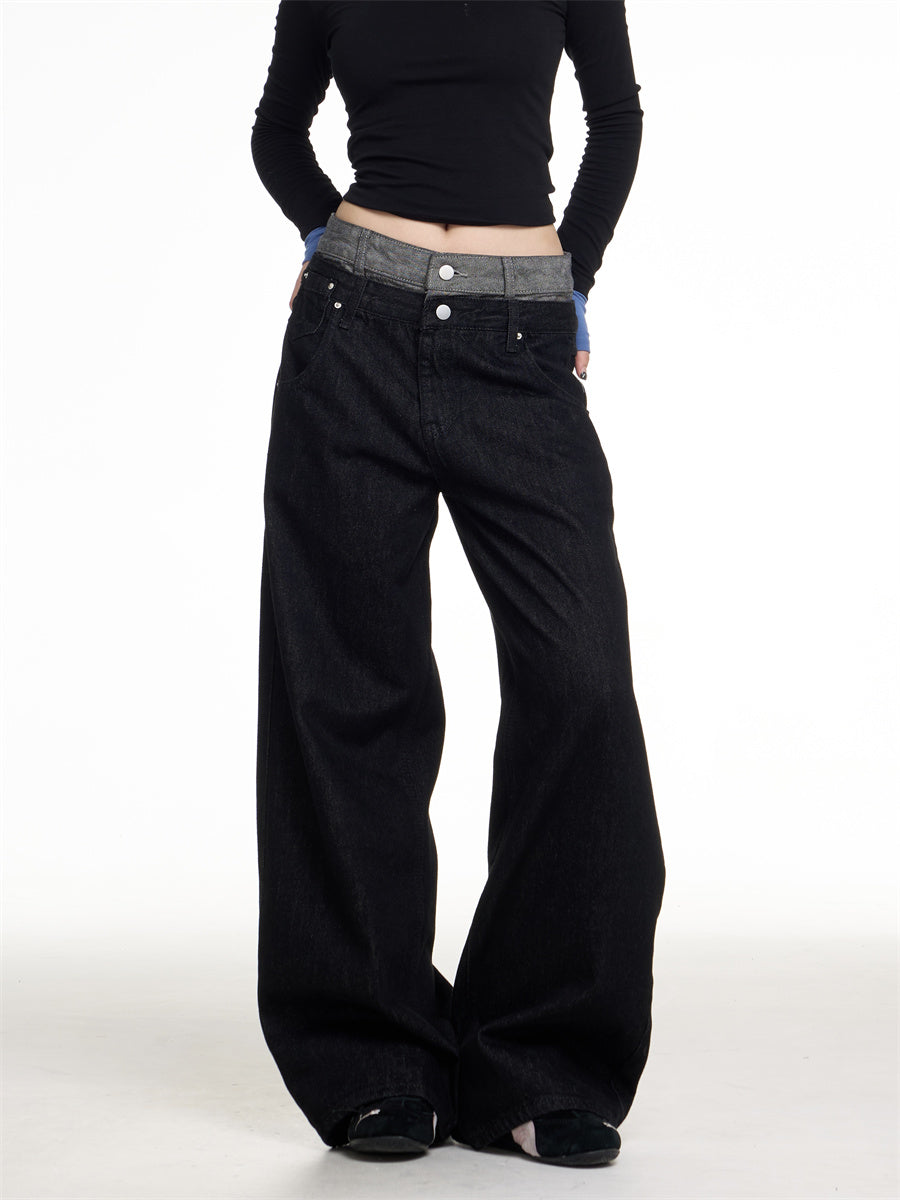 Retro Double Waist Denim Trousers Women Loose Streetwear Wide Leg Design
