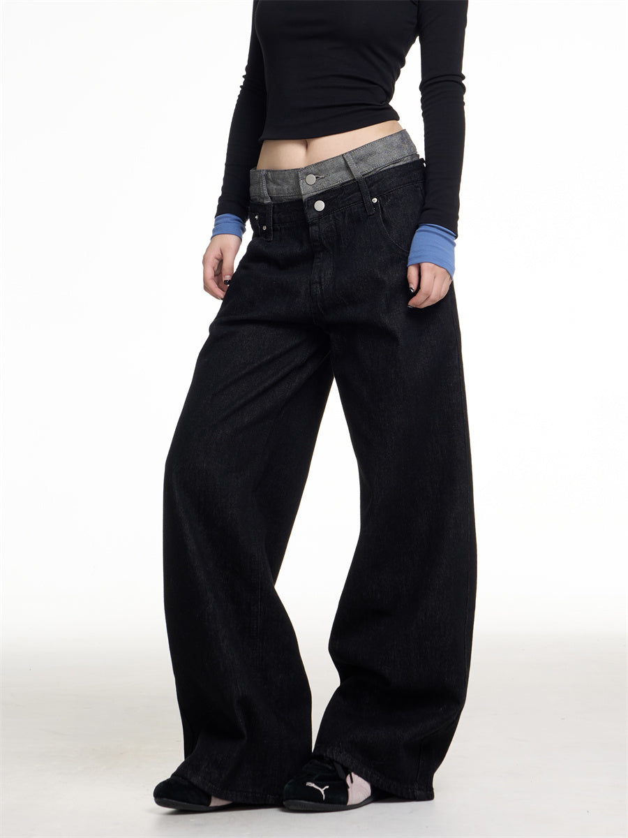 Retro Double Waist Denim Trousers Women Loose Streetwear Wide Leg Design