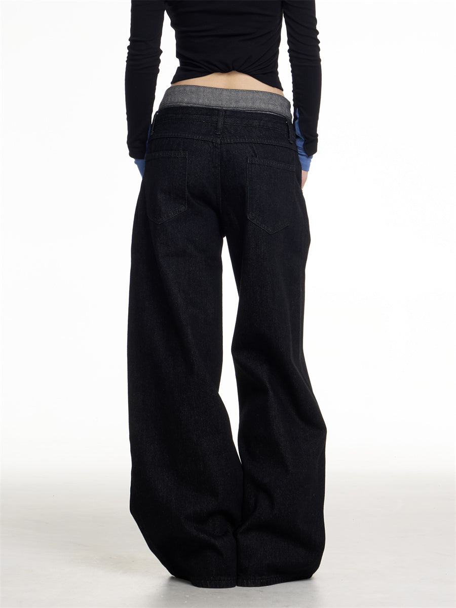 Retro Double Waist Denim Trousers Women Loose Streetwear Wide Leg Design