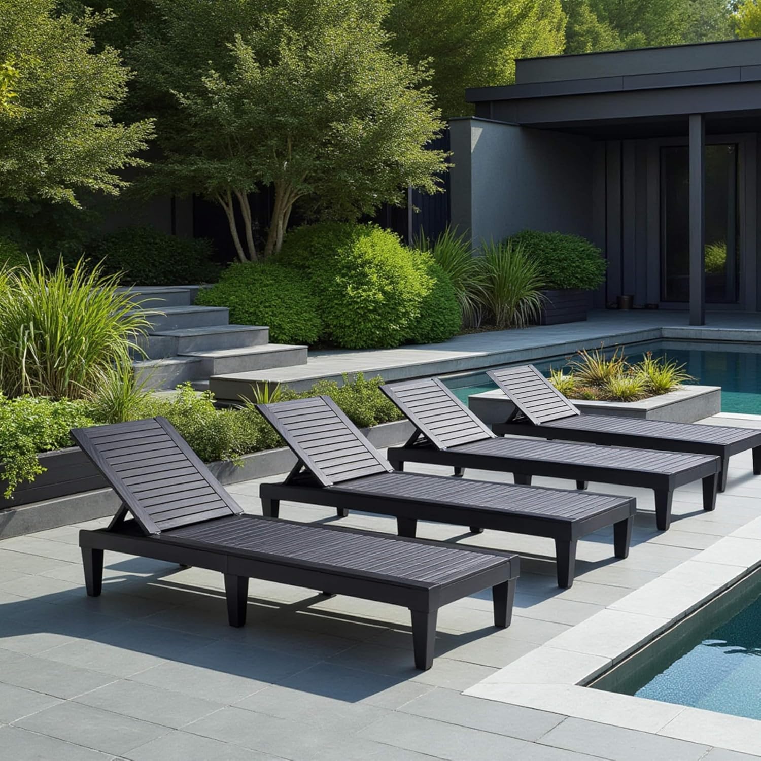 Chaises de patio - Ensemble de 2 chaises longues noires pour l'extérieur, chaise longue de jardin légère