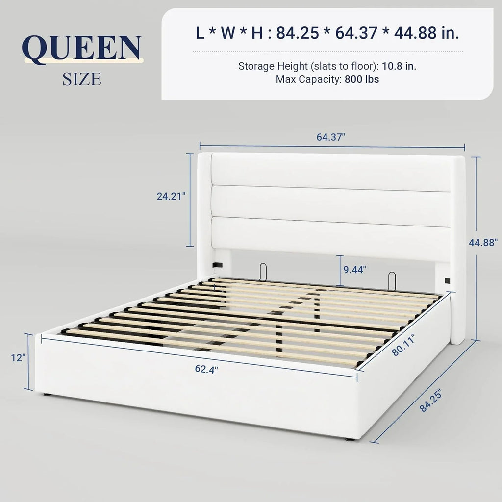 Lit queen-size relevable avec rangement Allewie, tête de lit à oreilles moderne et support hydraulique