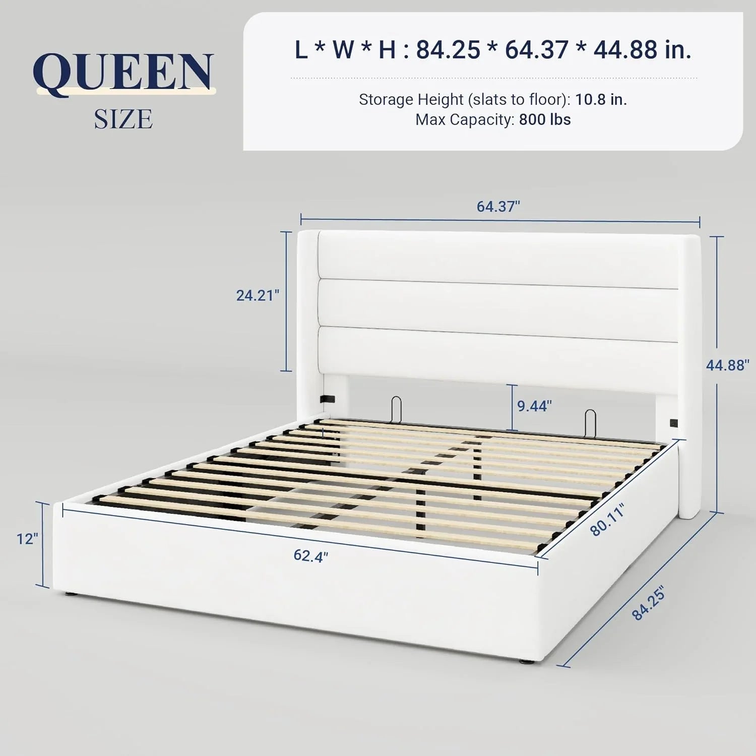 Lit queen-size relevable avec rangement Allewie, tête de lit à oreilles moderne et support hydraulique