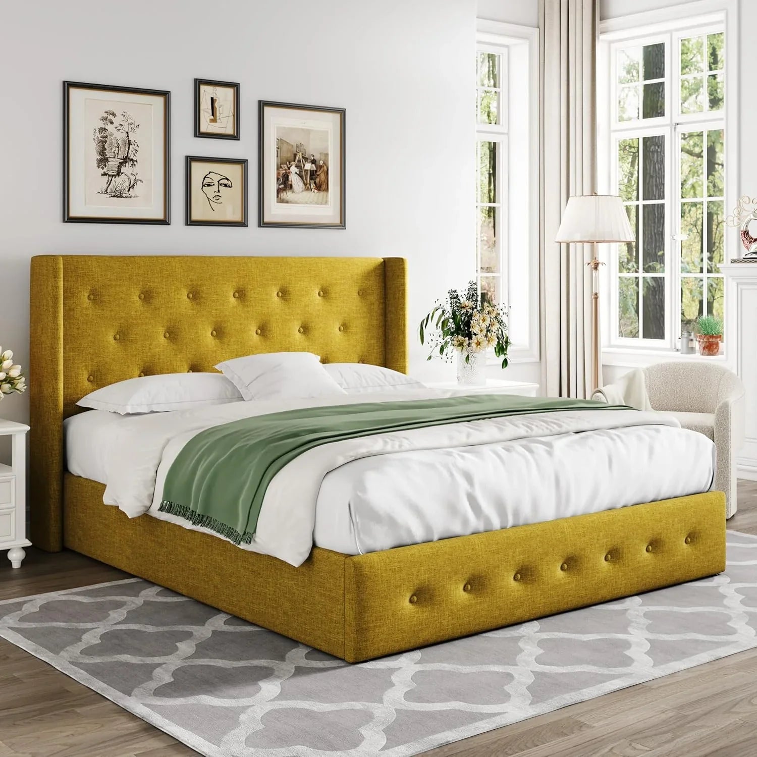 Lit queen-size relevable avec rangement Allewie, tête de lit à oreilles moderne et support hydraulique