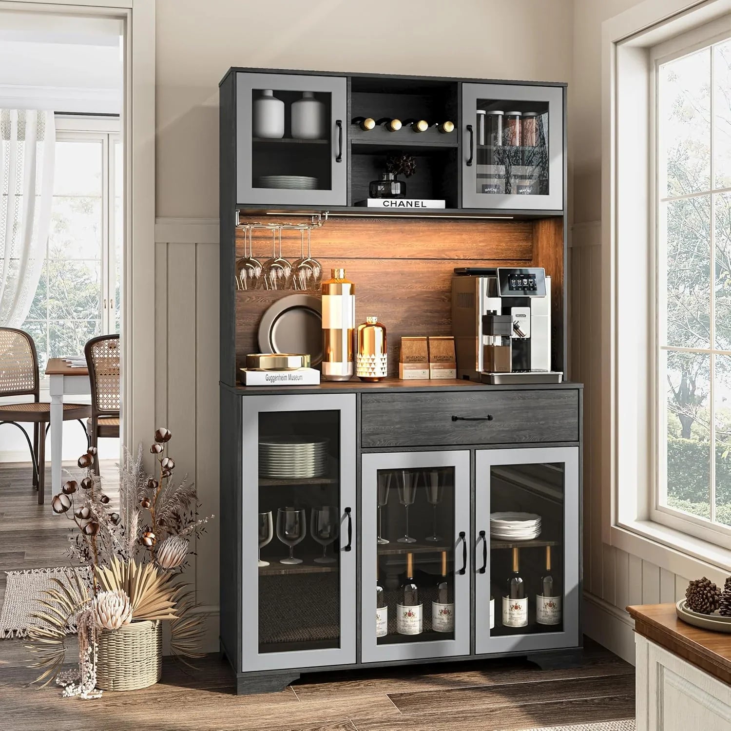Armoire de garde-manger de 180 cm de haut avec portes vitrées