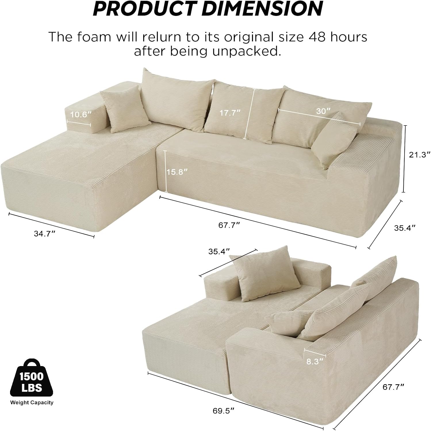 Cloud sofa with L-shaped lounge chair, modern modular sofa with deep seats