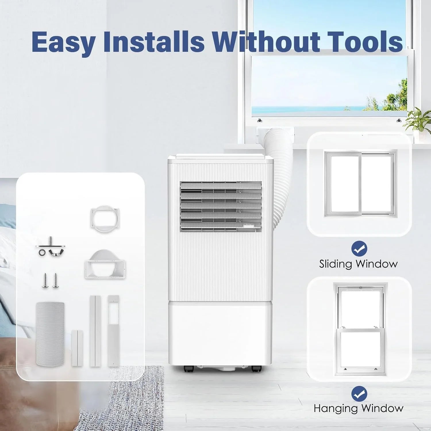 Climatiseur portatif Air Choice, 10 000 BTU, pour pièce jusqu'à 450 pi², télécommande, minuterie 24 h, modes déshumidificateur et ventilateur.