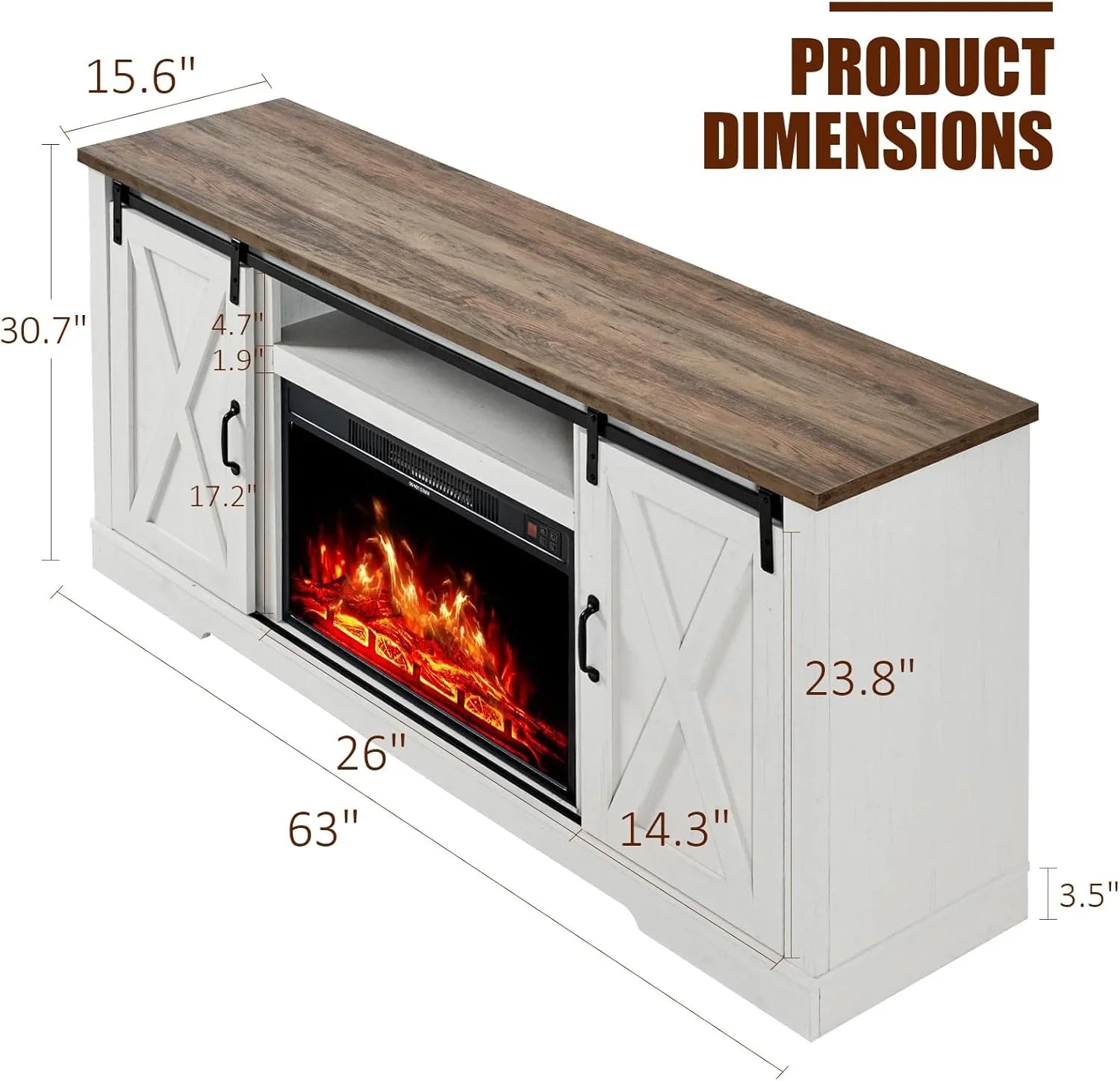 Meuble TV avec cheminée AMERLIFE et portes coulissantes style grange, compatible avec les téléviseurs jusqu'à 73 pouces, centre de divertissement avec cheminée de style ferme