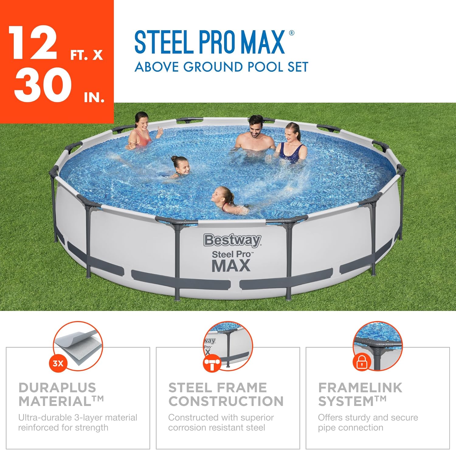 Kit de piscine hors sol extérieure à cadre métallique rond Steel Pro MAX 10' x 30'
