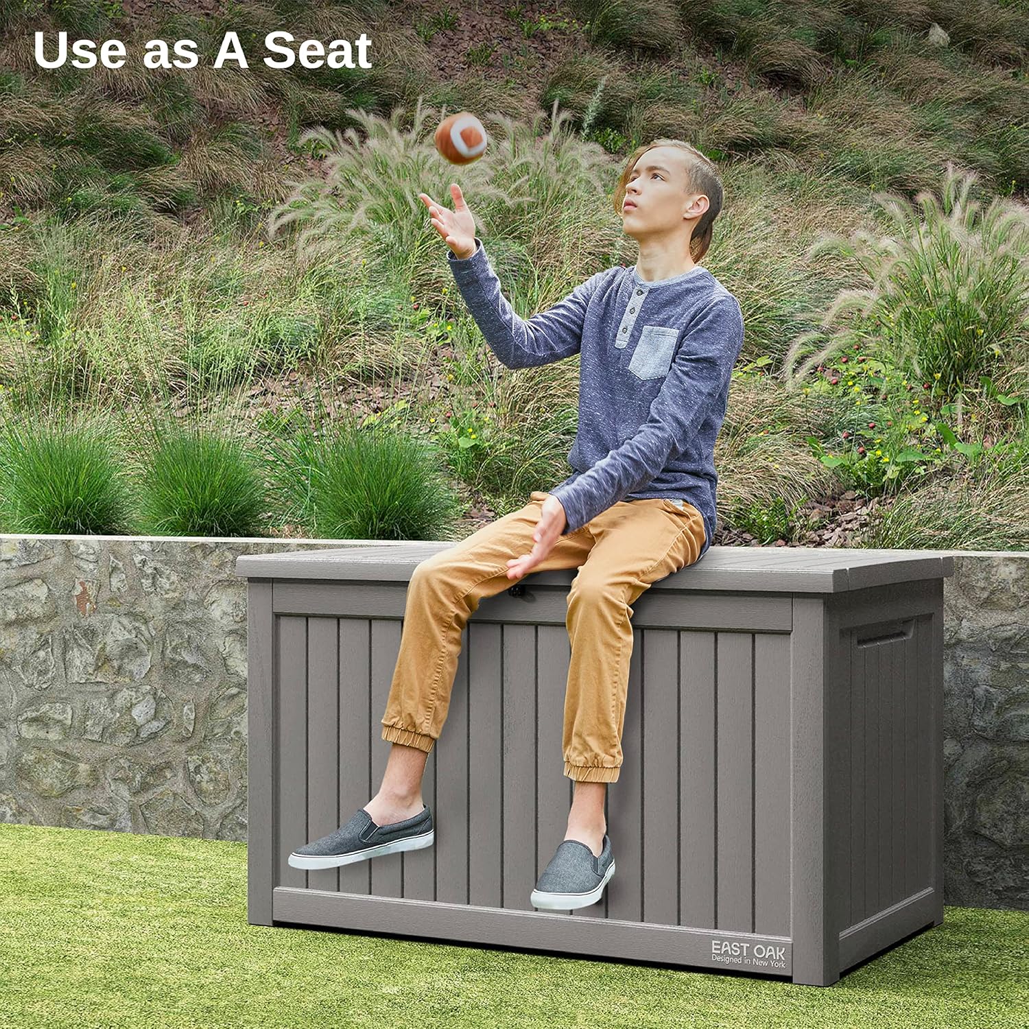 Coffre de rangement extérieur EAST OAK, coffre de terrasse de 60 gallons, utilisation intérieure et extérieure, bac de rangement en résine imperméable