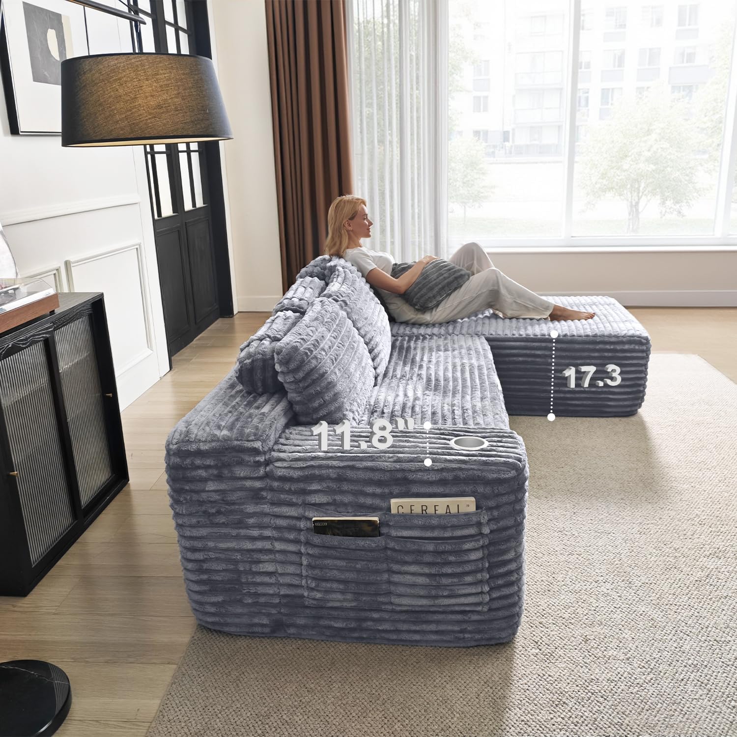 Canapé sectionnel Cloud avec méridienne en L, canapé modulaire moderne avec assise profonde, porte-gobelet intégré et poche de rangement