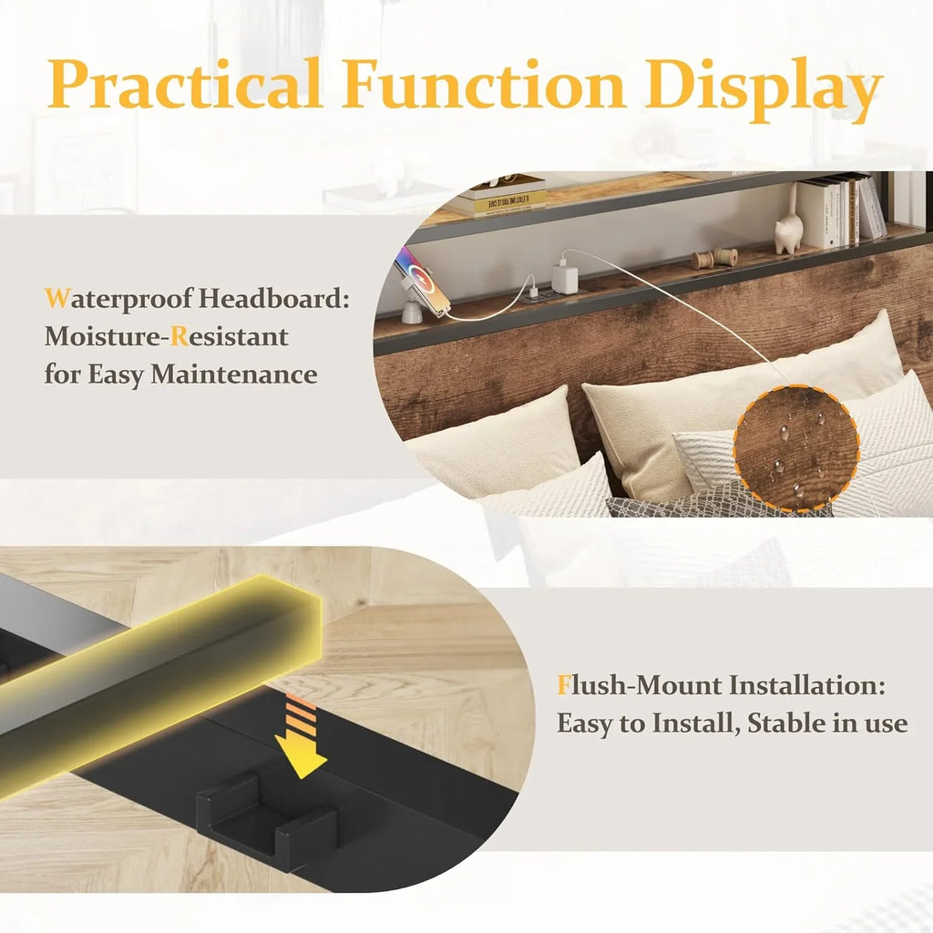 Cadre de lit Queen Lifezone avec tête de lit double et plateau de rangement en métal