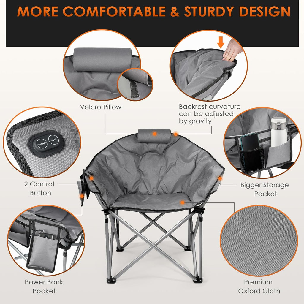 Chaise de camping chauffante, chaise de sport d'extérieur extra large avec 3 niveaux de chaleur sur le dossier et l'assise, chaise d'extérieur chauffante pliante portable (piles non incluses)