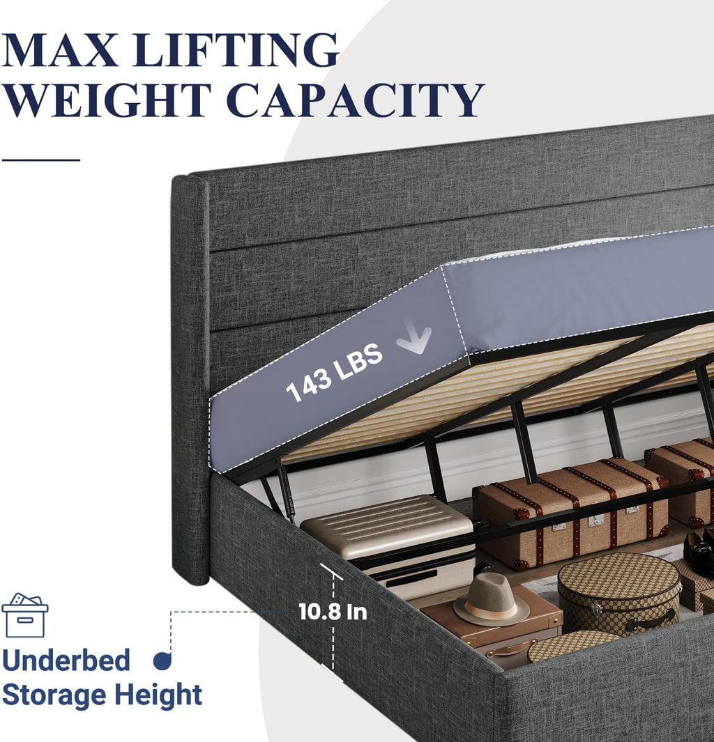 Lit queen-size relevable avec rangement Allewie, tête de lit à oreilles moderne et support hydraulique