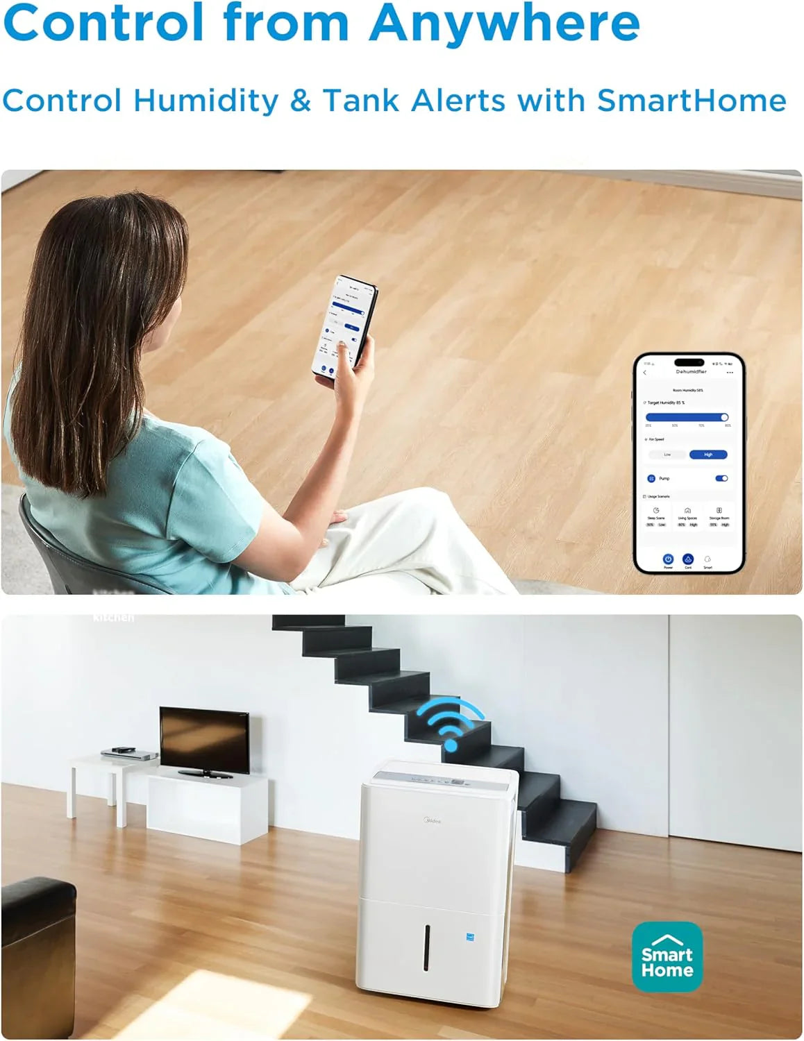 Déshumidificateur Midea de 4 500 pi² avec pompe, certifié Energy Star, 50 pintes