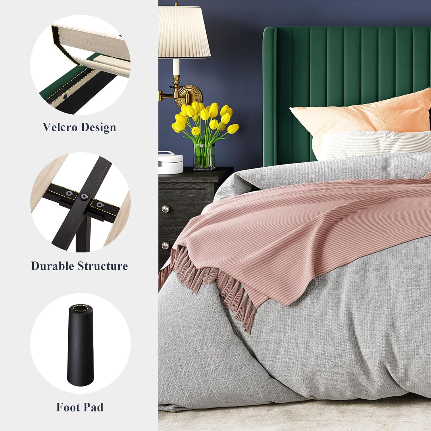 Cadre de lit Allewie en velours pleine grandeur/tête de lit capitonnée à oreilles verticales/lit plateforme rembourré/lattes en bois robustes