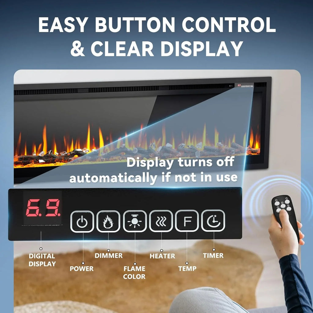 EUHOMY Cheminée électrique encastrée et murale de 50 pouces avec couleur de flamme réglable, chauffage de cheminée avec télécommande, cheminée linéaire avec minuterie, écran tactile, bûche et cristal, 750/1500 W