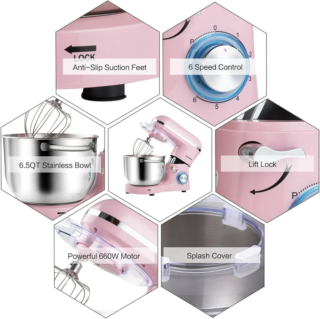 Batteur sur socle Aucma, 6,5 pintes, 660 W, 6 vitesses, tête inclinable, batteur électrique de cuisine avec crochet pétrisseur